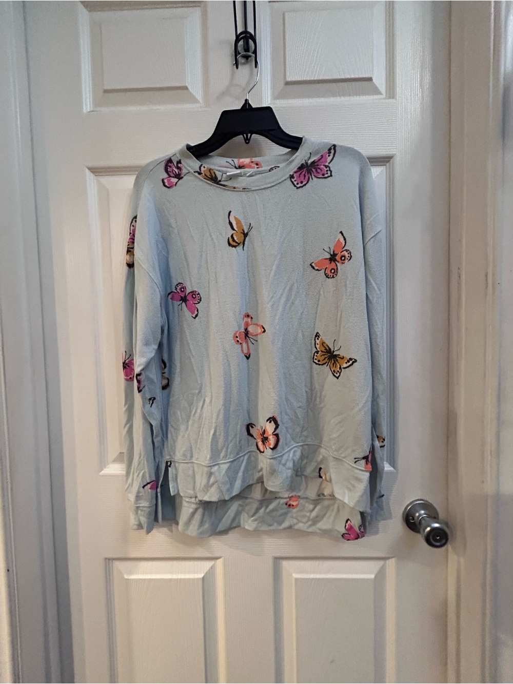 bp (Nordstrom) Light Blue Butterfly-Print Crewneck Long Sleeved Hacci Top